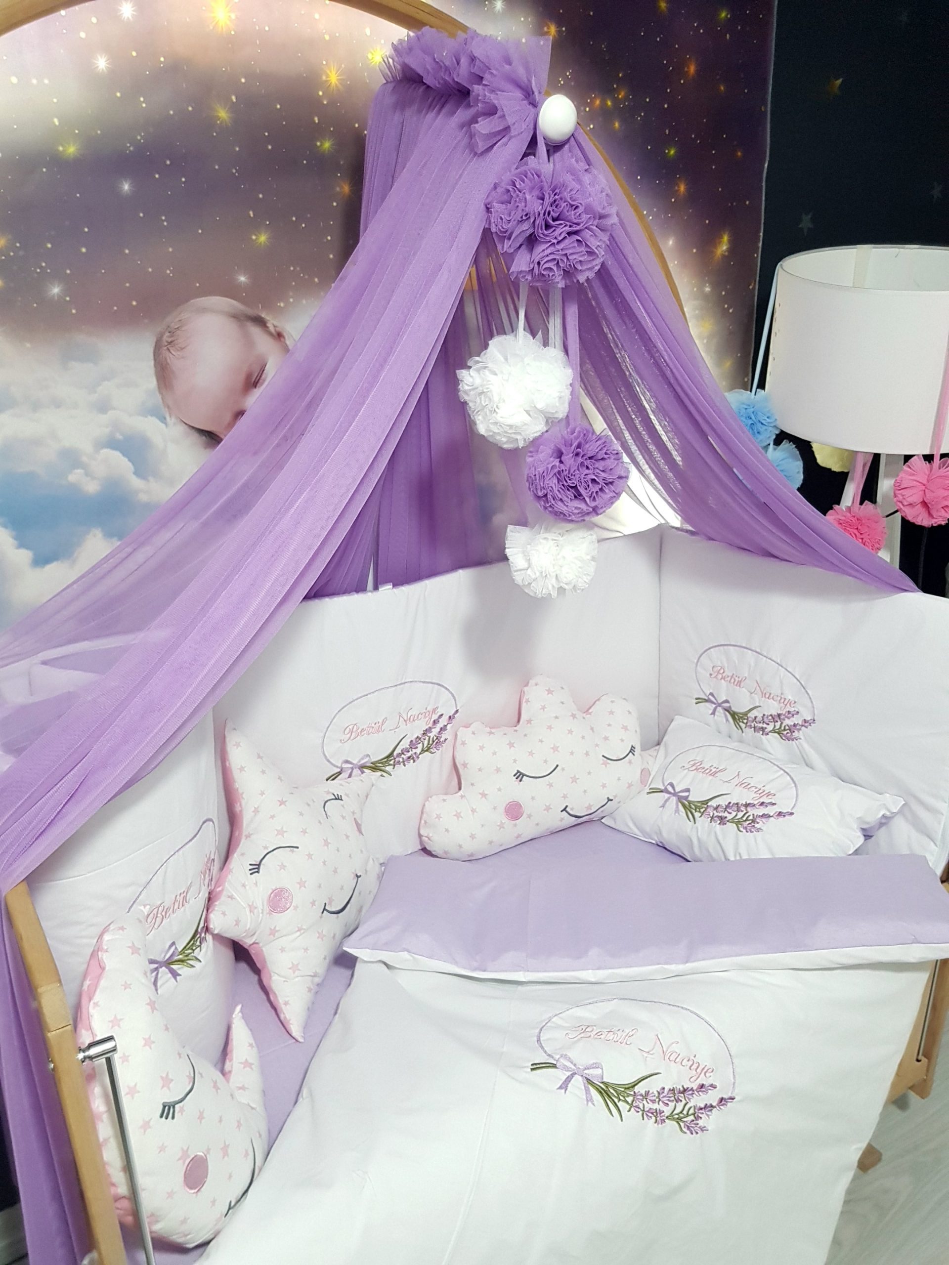 Nakışlı bebek uyku setleri , Bebek uyku seti , Bebek odası dekorasyonu , Pamuklu bebek uyku seti , Çift yönlü bebek uyku seti , Nakış işlemeli bebek yastığı , Bebek cibinliği