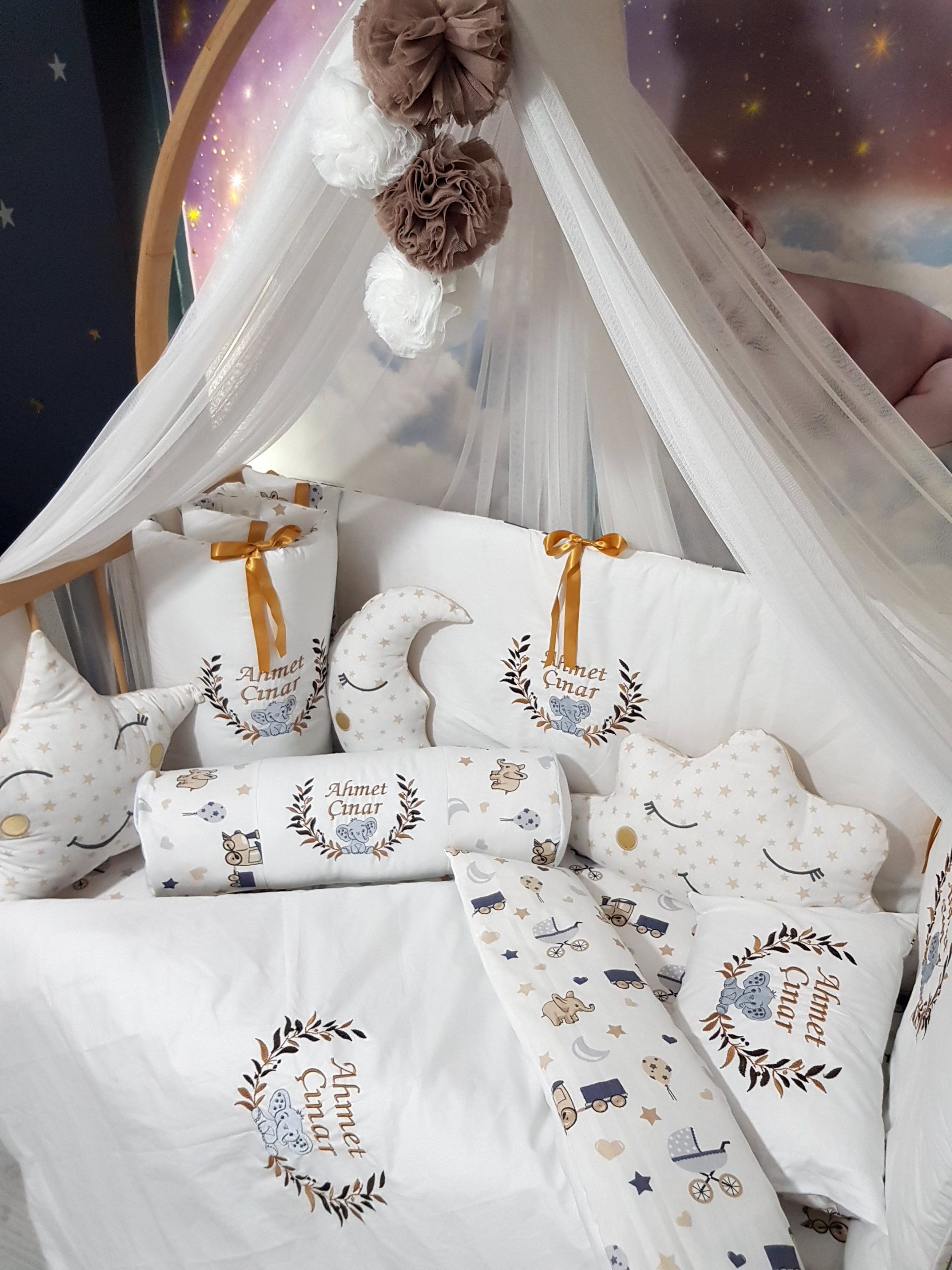 Nakışlı Kırlent, Nakışlı Bebek Yorganı, Nakışlı Bebek Yastığı, Nakışlı Beşik Kenar Koruma, Nakışlı Bebek Uyku Seti