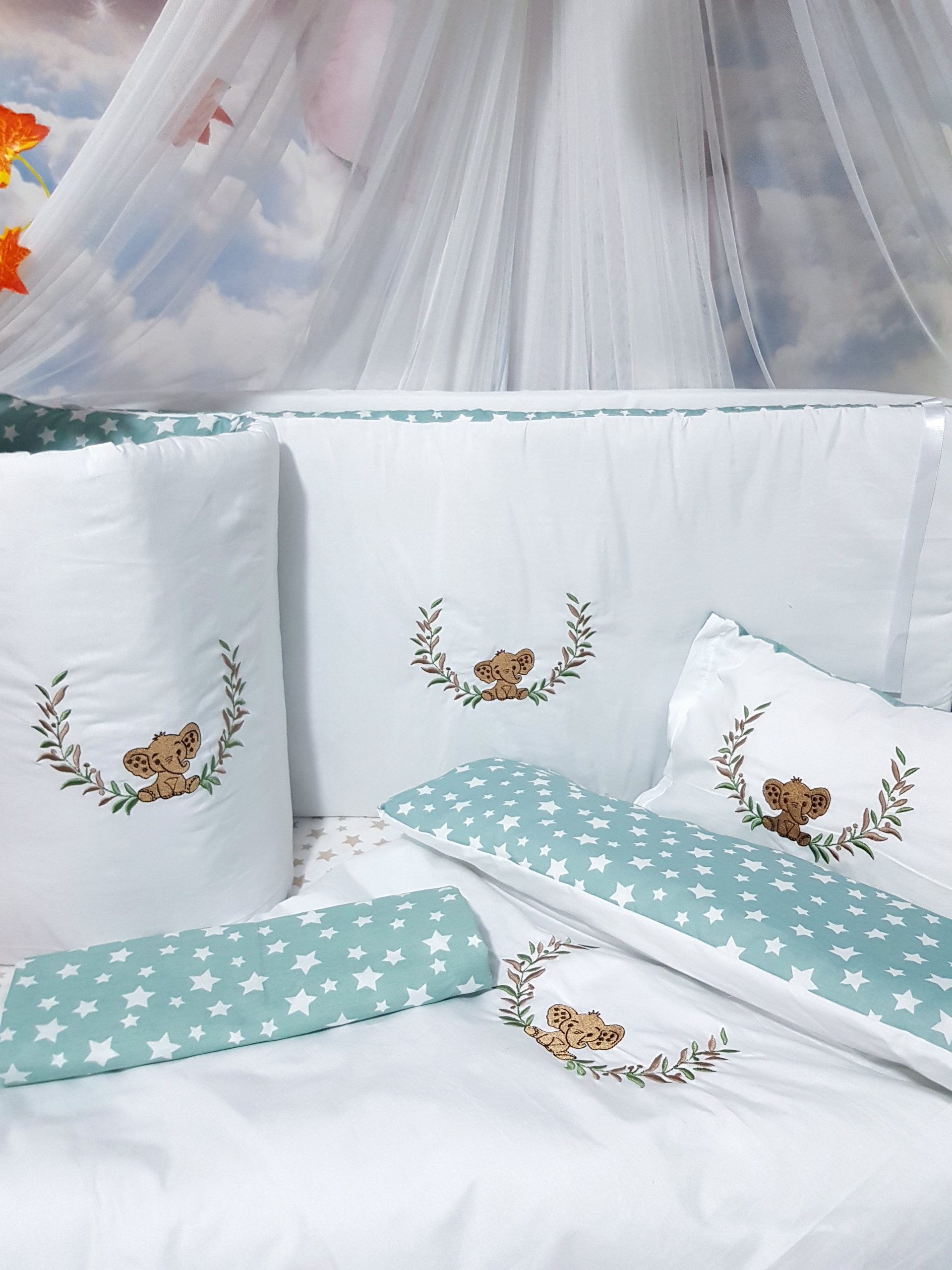 Bebek uyku seti, Bebek odası dekorasyonu, Pamuklu bebek uyku seti, Çift yönlü bebek uyku seti, Nakış işlemeli bebek yastığı