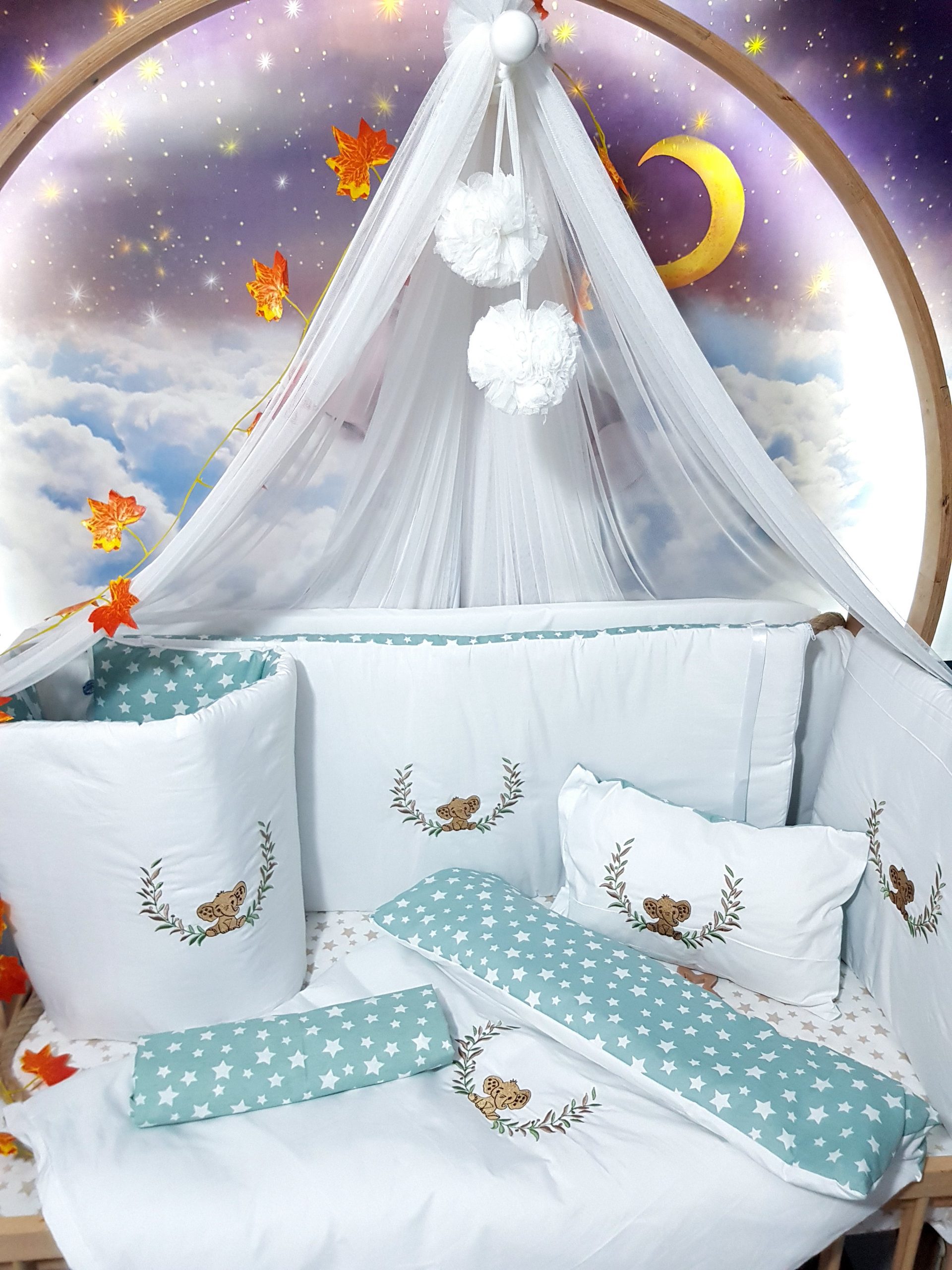 Bebek uyku seti, Bebek odası dekorasyonu, Pamuklu bebek uyku seti, Çift yönlü bebek uyku seti, Nakış işlemeli bebek yastığı