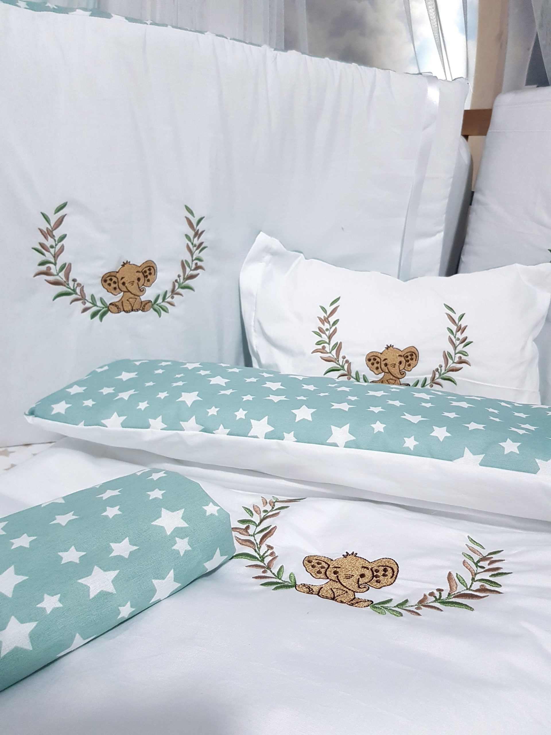 Bebek uyku seti, Bebek odası dekorasyonu, Pamuklu bebek uyku seti, Çift yönlü bebek uyku seti, Nakış işlemeli bebek yastığı