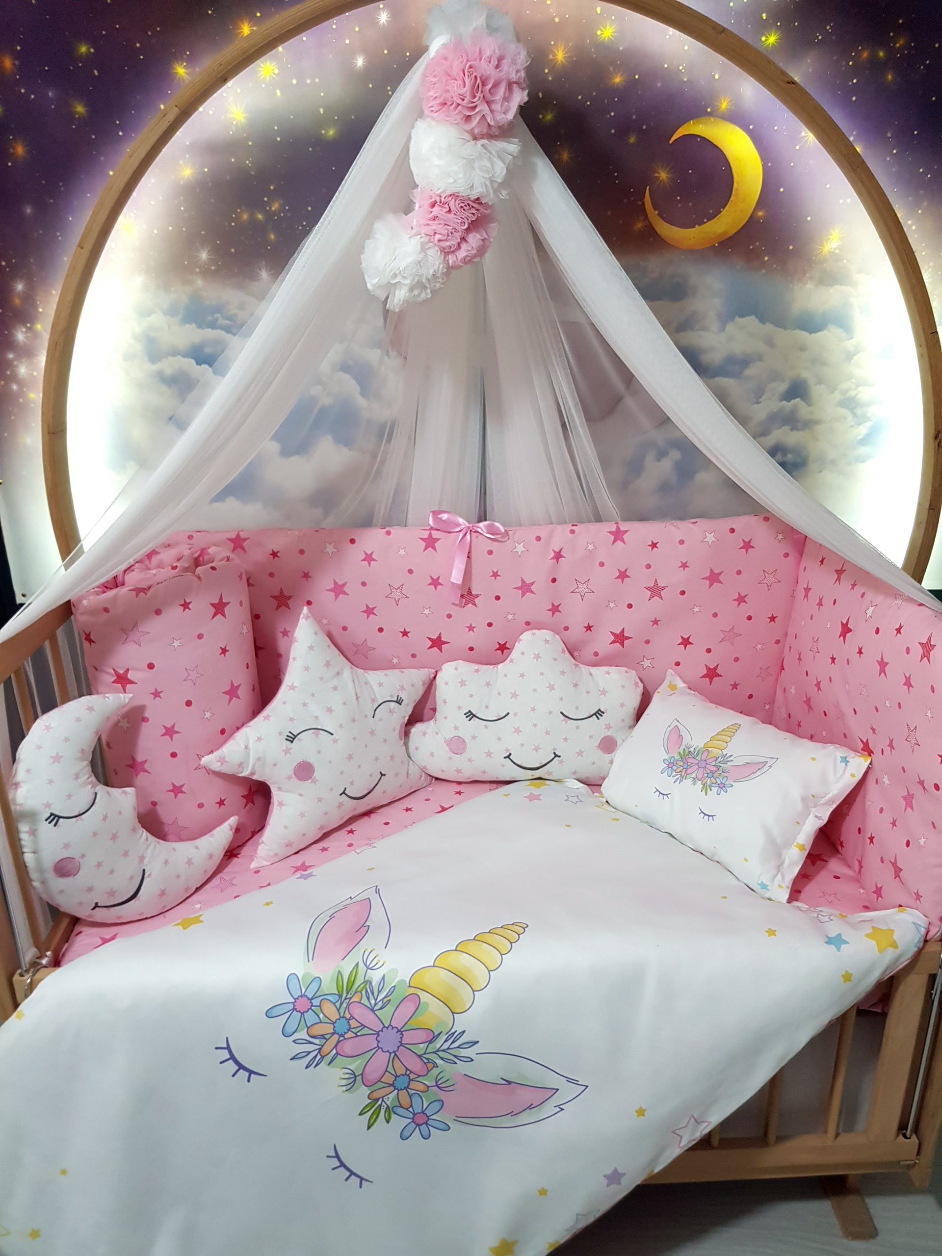 D8077_Dijital_Baskı_Bebek_Uyku_Seti_Baby_Clime_Uyuyan_Unicorn_(1) Bebek Uyku Seti İsimli, Bebek Beşik, Bebek Odası, Uyku Seti