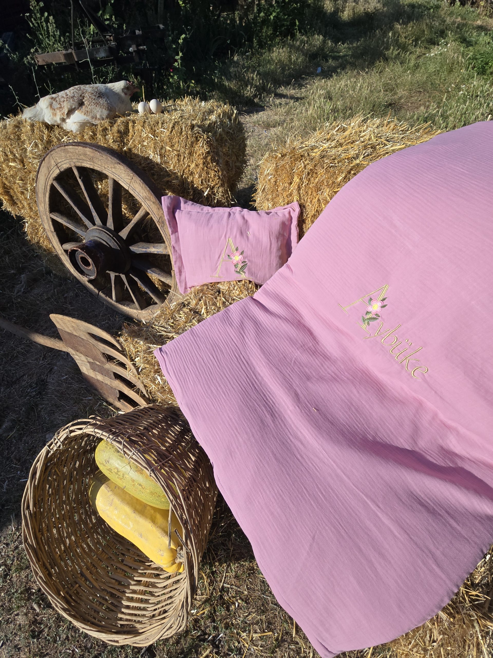 Müslin Yorgan Kılıfı, Müslin Yastık, Bebek Uyku Seti İsimli, Bebek Nevresim Takımı, Nakışlı Müslin Kumaş Battaniye