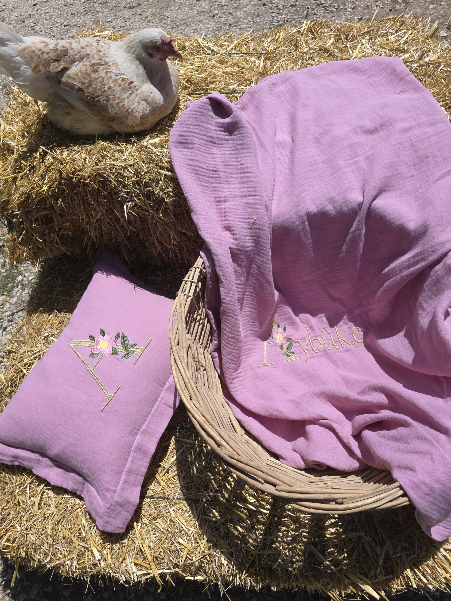 Müslin Yorgan Kılıfı, Müslin Yastık, Bebek Uyku Seti İsimli, Bebek Nevresim Takımı, Nakışlı Müslin Kumaş Battaniye