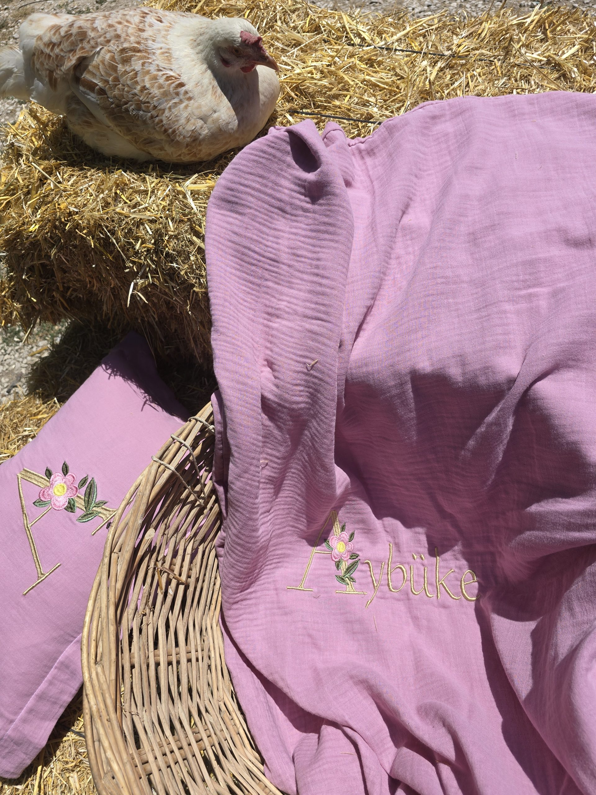 Müslin Yorgan Kılıfı, Müslin Yastık, Bebek Uyku Seti İsimli, Bebek Nevresim Takımı, Nakışlı Müslin Kumaş Battaniye