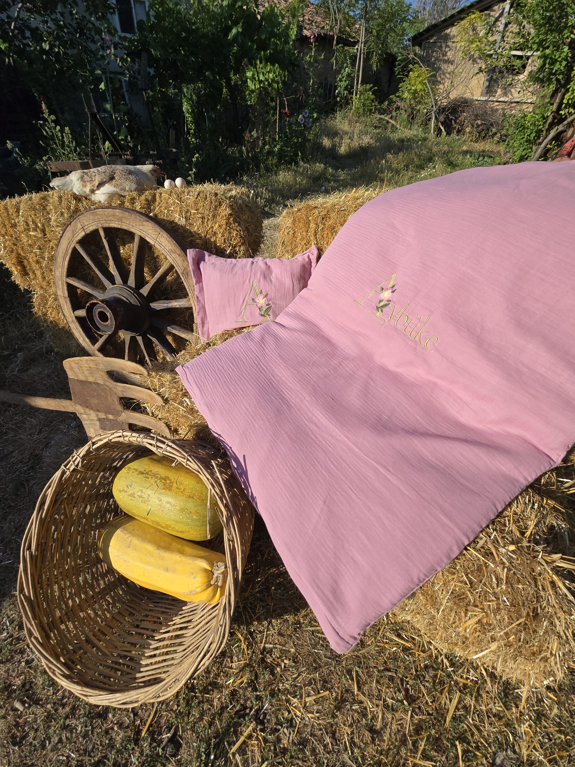 Müslin Yorgan Kılıfı, Müslin Yastık, Bebek Uyku Seti İsimli, Bebek Nevresim Takımı, Nakışlı Müslin Kumaş Battaniye