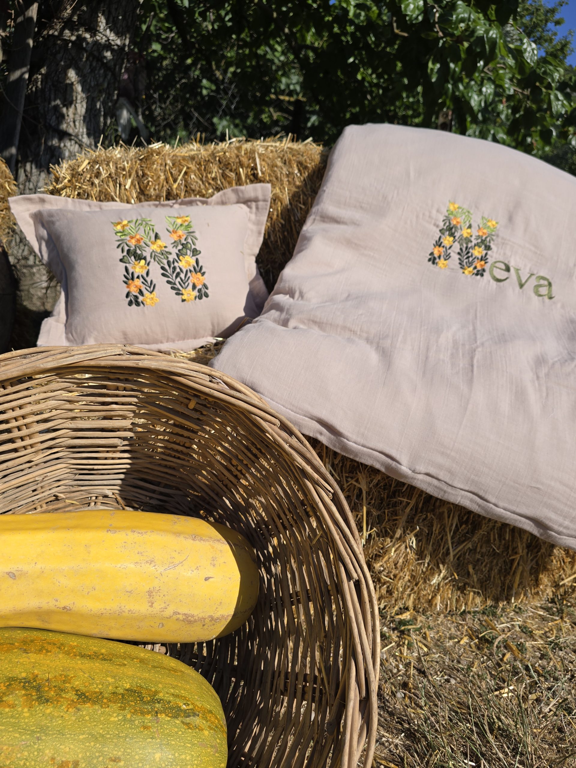 Nakışlı Müslin Kumaş Kırlent, Nakışlı Bebek Uyku Seti İsimli, Müslin Bebek Nevresim Takımı, Müslin Bebek Battaniye