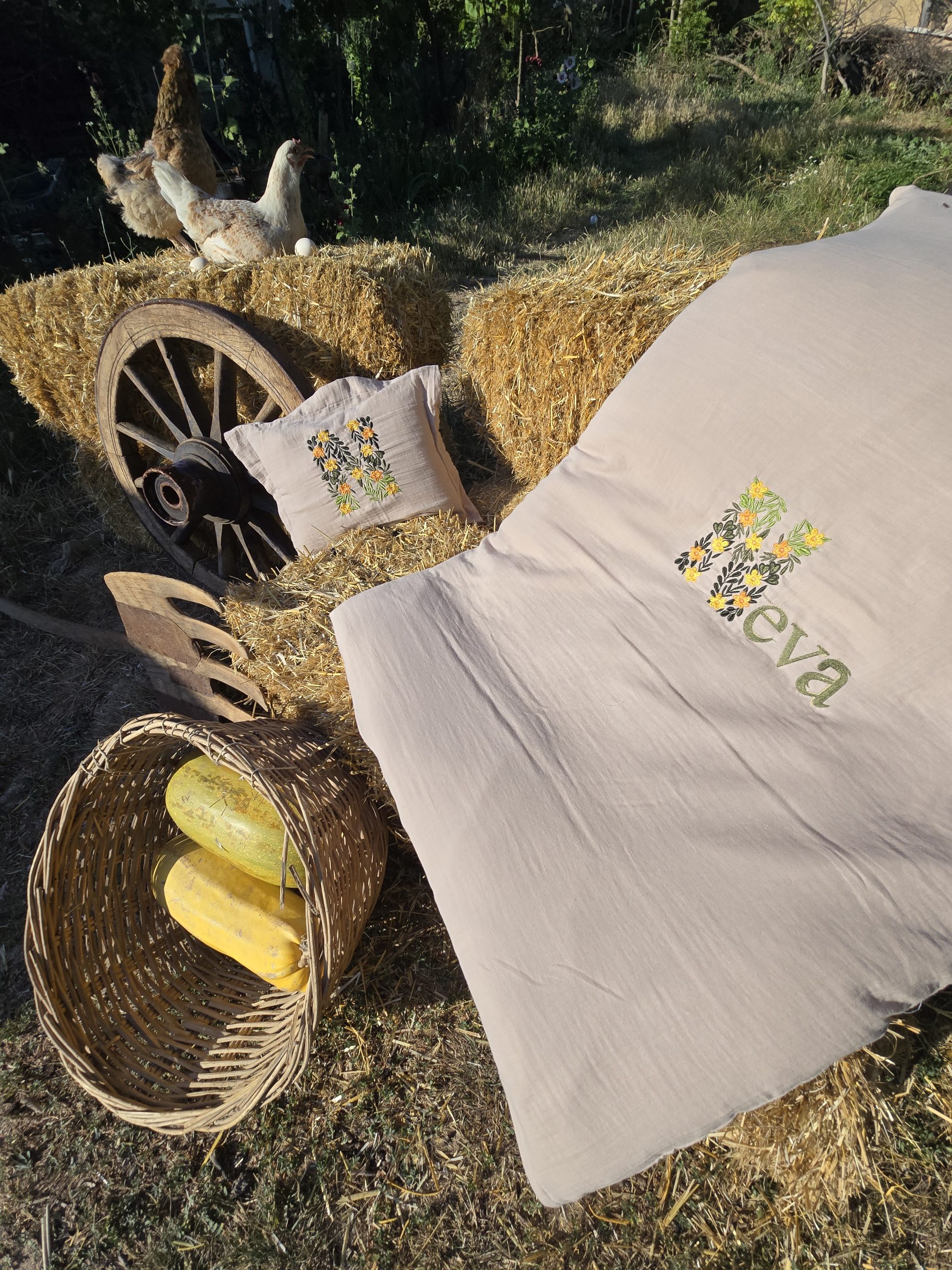 Nakışlı Müslin Kumaş Kırlent, Nakışlı Bebek Uyku Seti İsimli, Müslin Bebek Nevresim Takımı, Müslin Bebek Battaniye