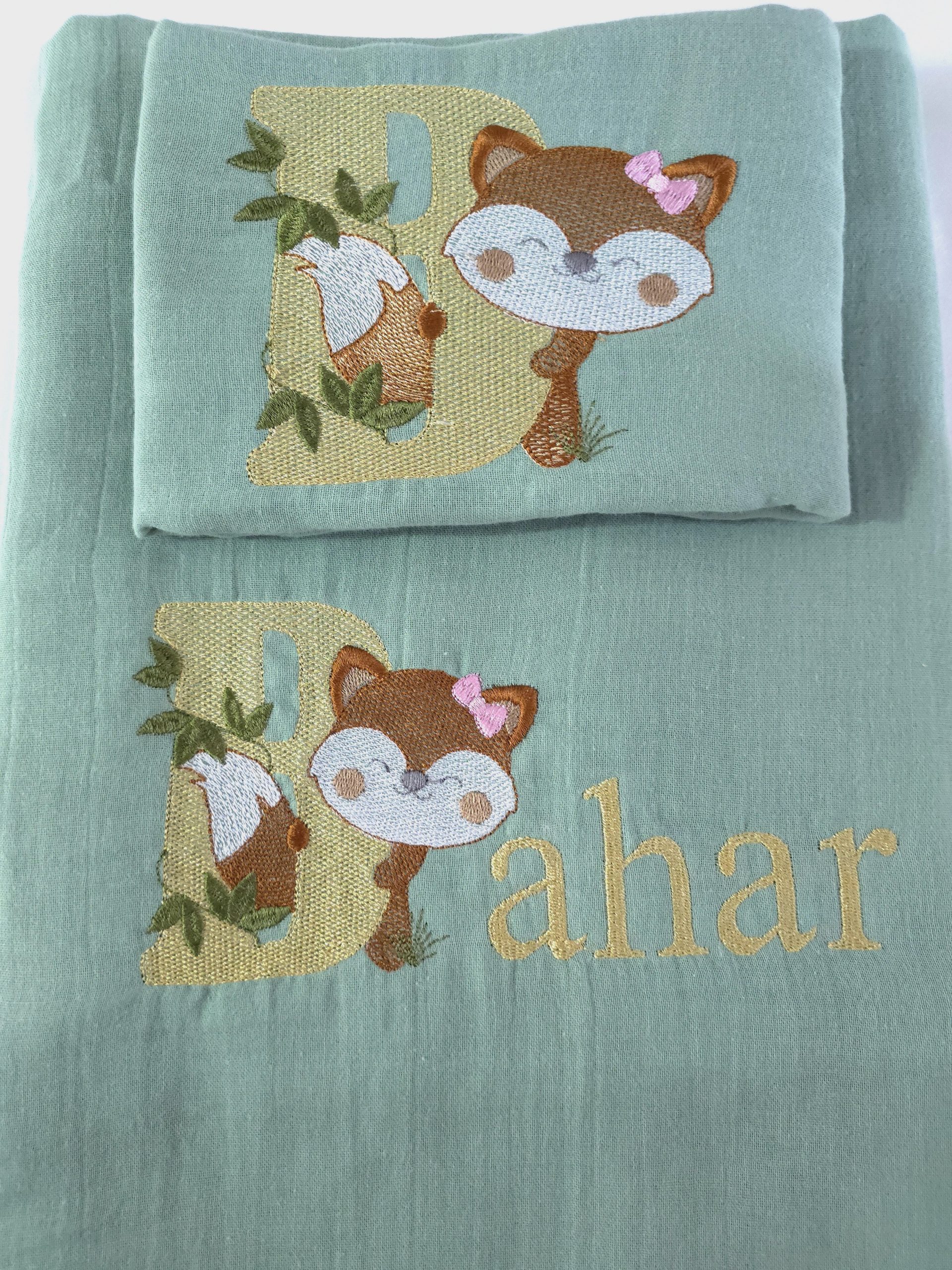 Yeşil_Müslin_Kumaş_Bebek_Uyku_Seti_Battaniye_Pike_Yorgan_Yastık_Nakışlı_(25) Bebek Uyku Seti, Bebek Nevresim Takımı, Nakışlı Müslin Kumaş Battaniye