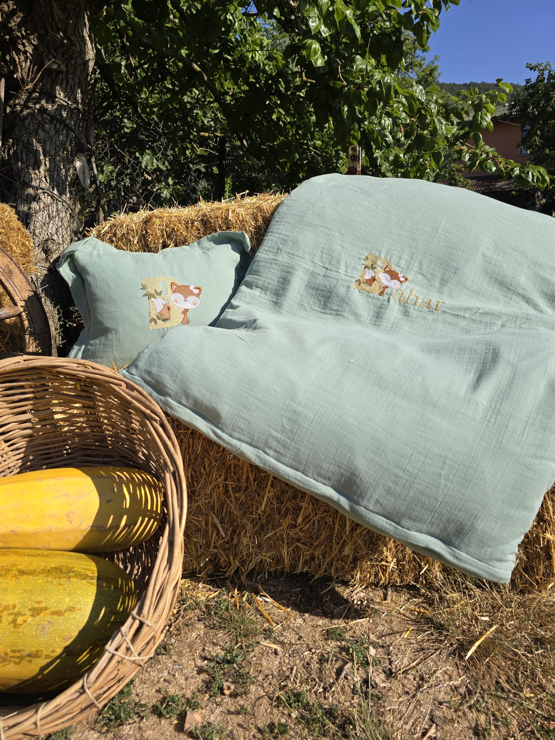 Yeşil_Müslin_Kumaş_Bebek_Uyku_Seti_Battaniye_Pike_Yorgan_Yastık_Nakışlı_(5) Bebek Uyku Seti, Bebek Nevresim Takımı, Nakışlı Müslin Kumaş Battaniye