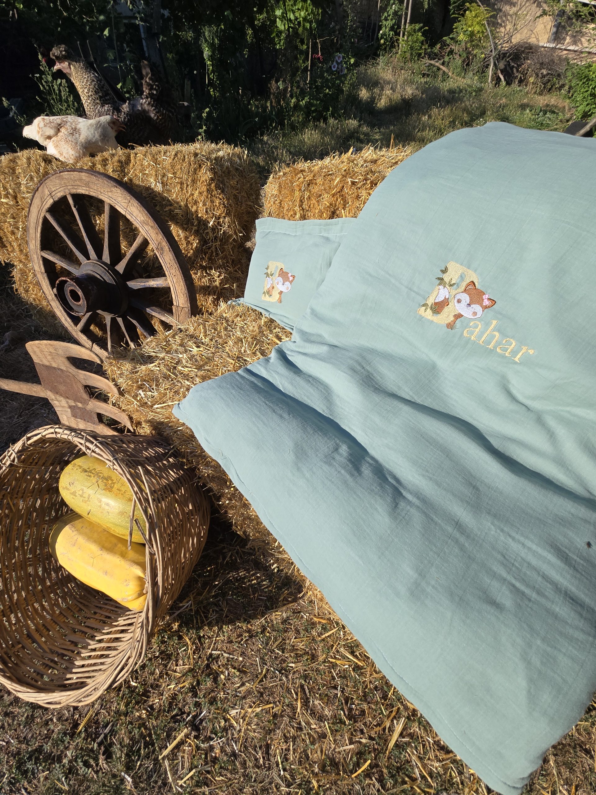 Yeşil_Müslin_Kumaş_Bebek_Uyku_Seti_Battaniye_Pike_Yorgan_Yastık_Nakışlı_(7) Bebek Uyku Seti, Bebek Nevresim Takımı, Nakışlı Müslin Kumaş Battaniye