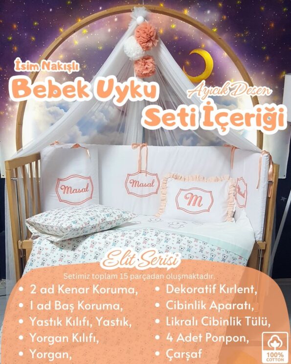 Baby Clime, Bebek İklimi, İsim Nakışlı Beşik Kenar Korumalık, İsimli Beşik Korumalık