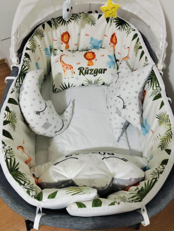 dijital baskılı uyku seti, bebek uyku seti, sepet beşik uyku seti, bebek odası, anne yanı beşik uyku seti