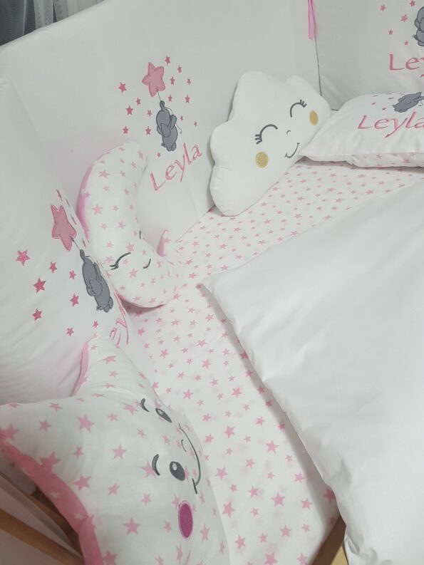 nakışlı bebek uyku seti kız, cibinlikli uyku seti , süs yastıklı uyku seti bebek, beşik kenar korumalı uyku seti, isimli yenidoğan uyku seti