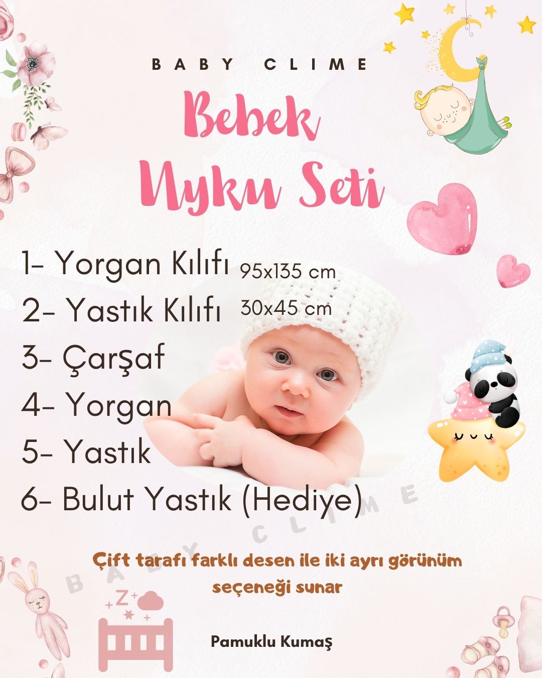 bebek_uyku_seti_baş_yastığı_yorgan_çarşaf_ve_hediye_bulut_yastık Bebek nevresim takımı ve uyku seti; 90x130, 5 ve 6 parçalı seçenekler; bulut yastıklı uyku seti; yorgan ve yastık kılıfı; beşik ve çocuk yatağı için lastiksiz çarşaf; bebek baş yastığı ve nevresimi.