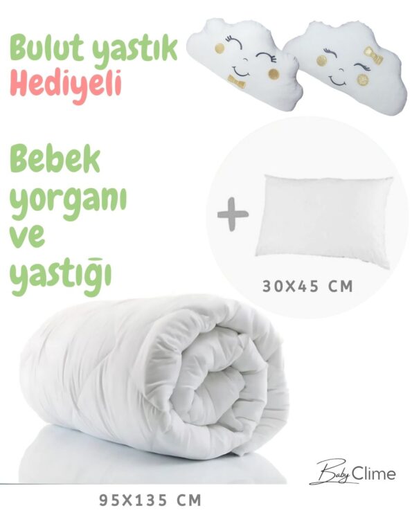 Bebek nevresim takımı ve uyku seti; 90x130, 5 ve 6 parçalı seçenekler; bulut yastıklı uyku seti; yorgan ve yastık kılıfı; beşik ve çocuk yatağı için lastiksiz çarşaf; bebek baş yastığı ve nevresimi.