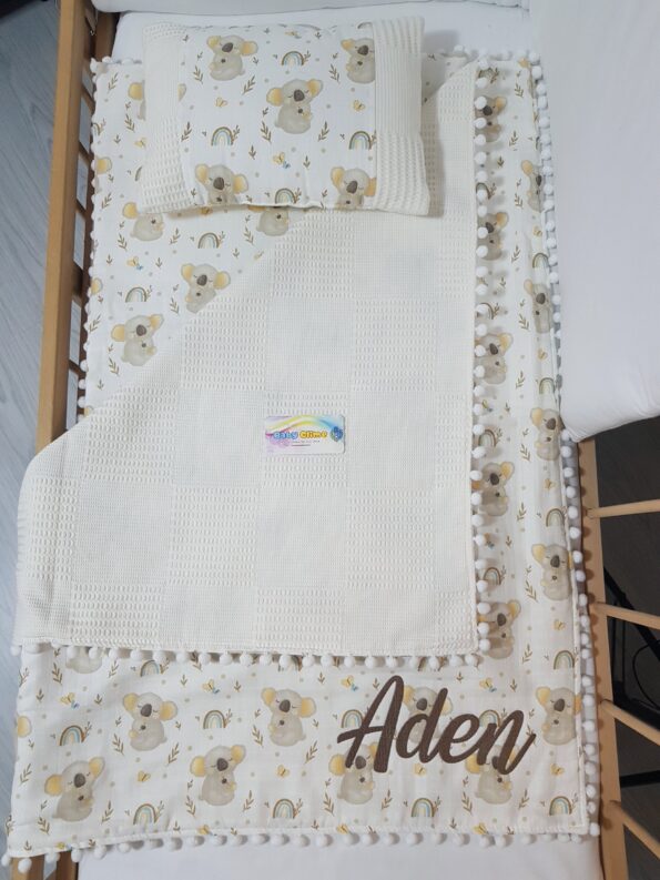 bebek alt açma seti, bebek alt değiştirme seti, alt açma minderi, müslin pike battaniye, koalalı alt açma minderi