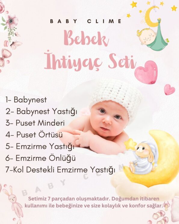 7 parçalık bebek ihtiyaç seti, annenin ihtiyaç duyacağı tüm yenidoğan ürünlerini bir araya getiriyor. İçeriğinde babynest anne yanı yatağı, yumuşacık bebek baş yastığı, pratik emzirme yastığı, çok amaçlı emzirme destek minderi, şık ve kişiselleştirilebilir puset örtüsü, konforlu puset minderi ve kullanışlı emzirme önlüğü yer alıyor.