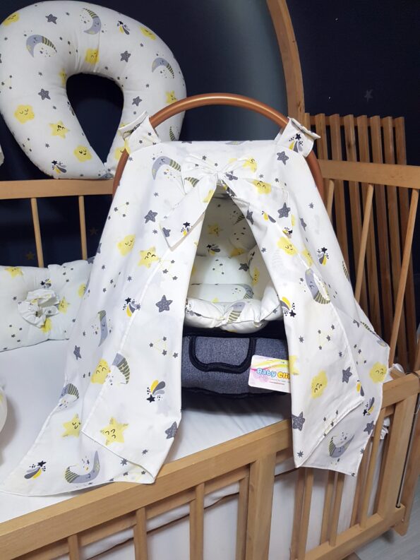 Bebek ihtiyaç seti; babynest, baş yastığı, puset örtüsü, puset minderi, emzirme yastığı ve önlüğü ile emzirme minderinden oluşur.