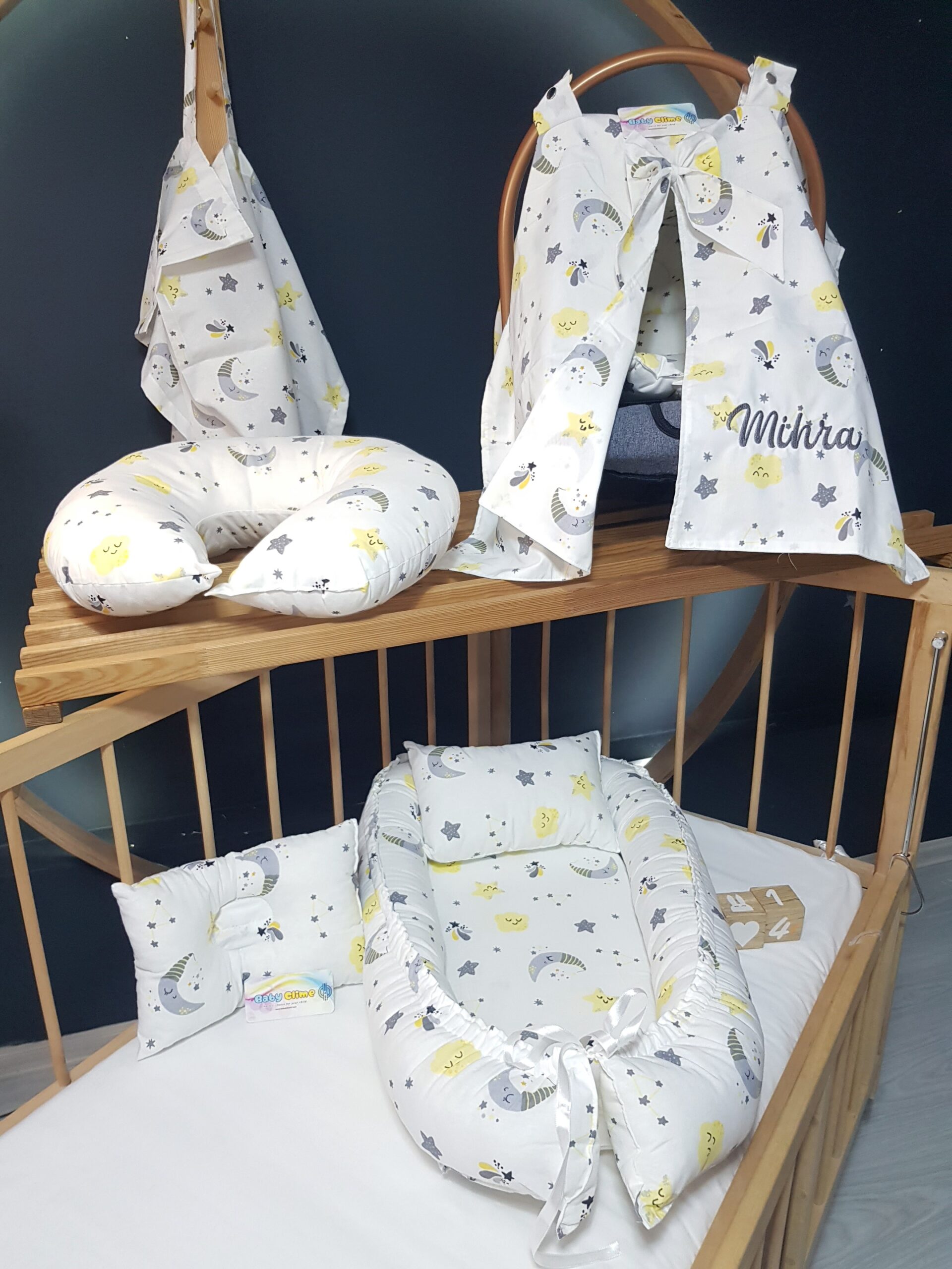 7 parça bebek ihtiyaç seti, isim nakışlı puset örtüsü, anne yanı bebek yatağı, bebek bakım seti, anne bebek ürünleri