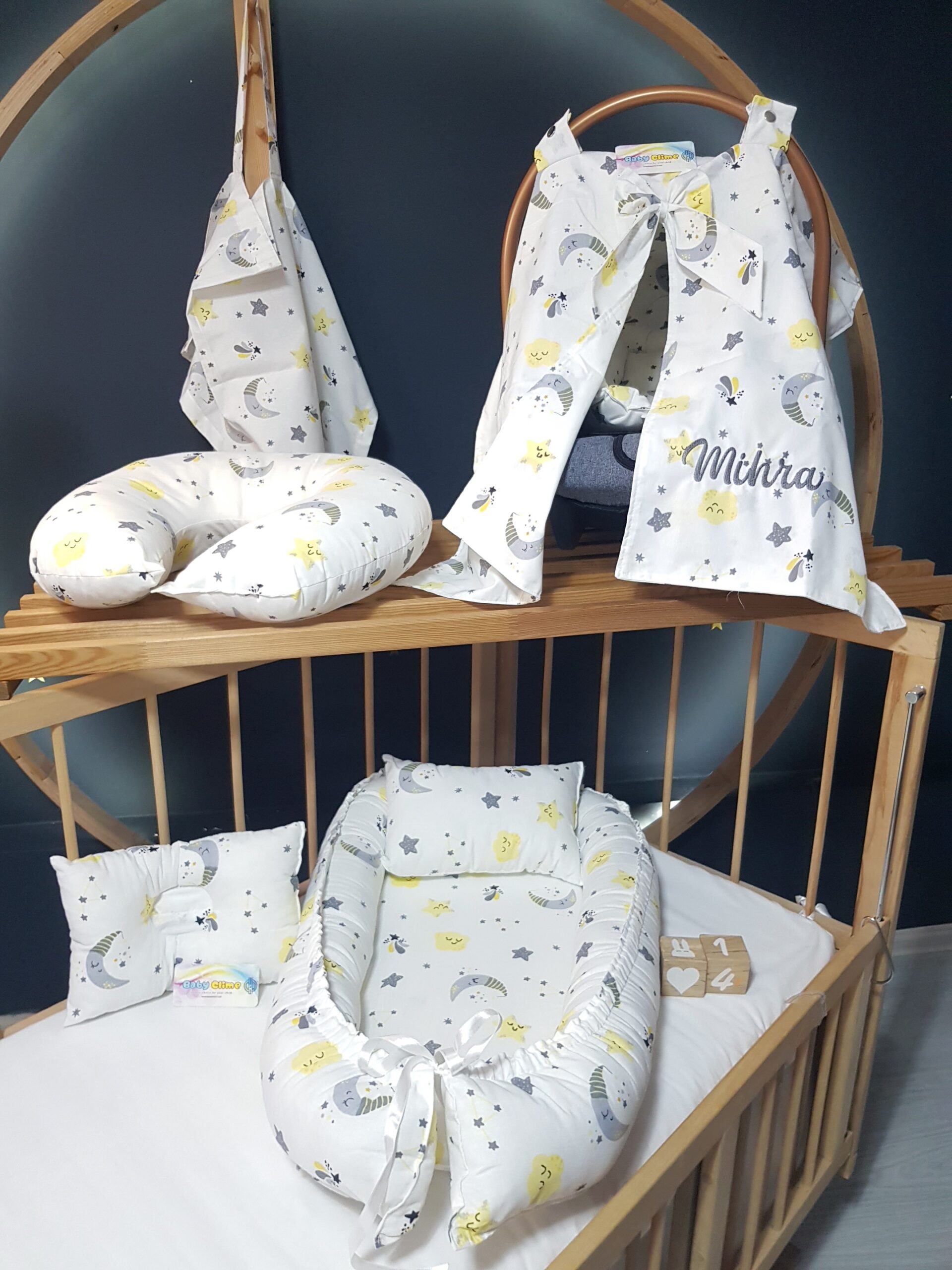 7 parça bebek ihtiyaç seti, isim nakışlı puset örtüsü, anne yanı bebek yatağı, bebek bakım seti, anne bebek ürünleri