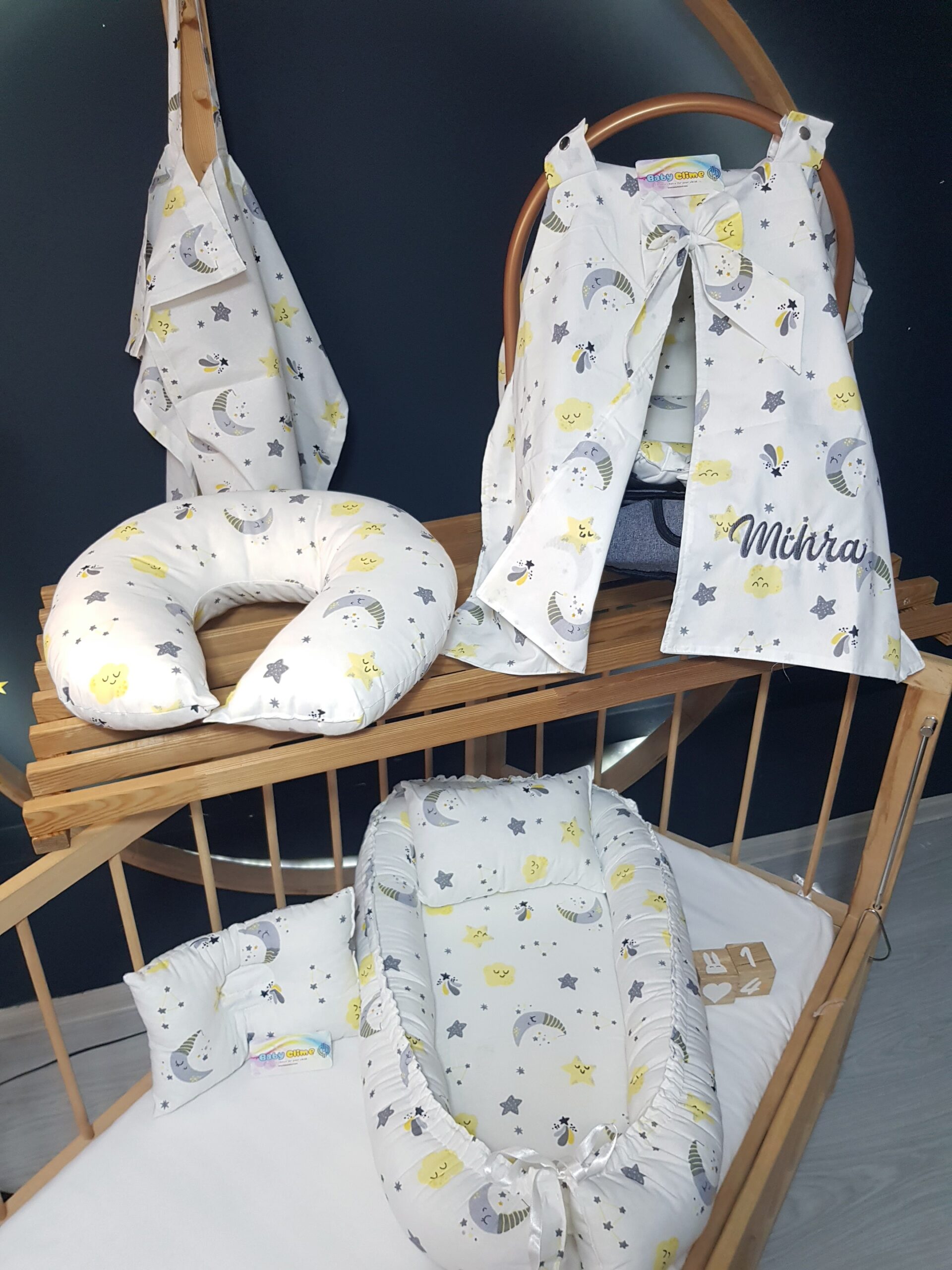 7 parça bebek ihtiyaç seti, isim nakışlı puset örtüsü, anne yanı bebek yatağı, bebek bakım seti, anne bebek ürünleri