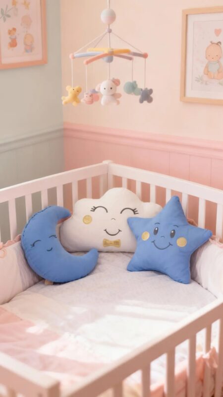 Kız ve erkek bebek uyku arkadaşı yastık seti, kurdeleli ve papyonlu tasarım, ay bulut ve yıldız figürleri, renk seçenekleri.