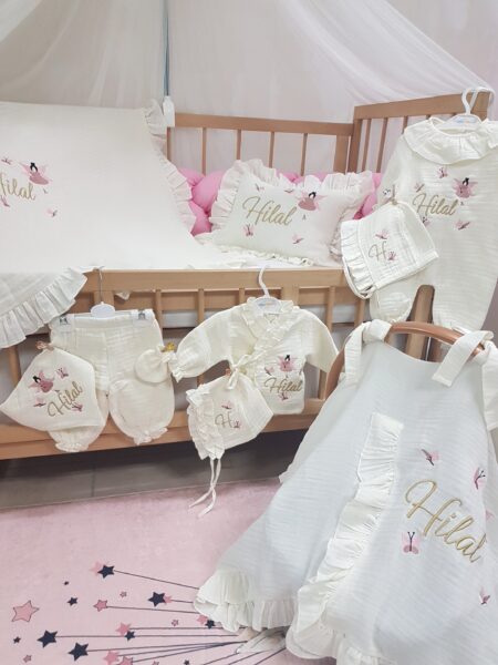 isimli hastane çıkışı seti, müslin hastane çıkış, müslin bebek tulumu, nakışlı hastane çıkış seti