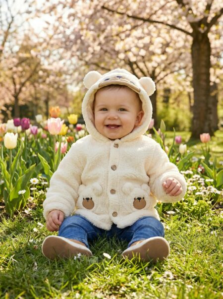 kapüşonlu peluş polar, peluş bebek hırkası, ayı figürlü kapüşonlu polar