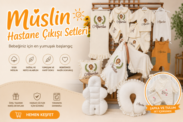 isim nakış işlemeli müslin hastane çıkışı setleri