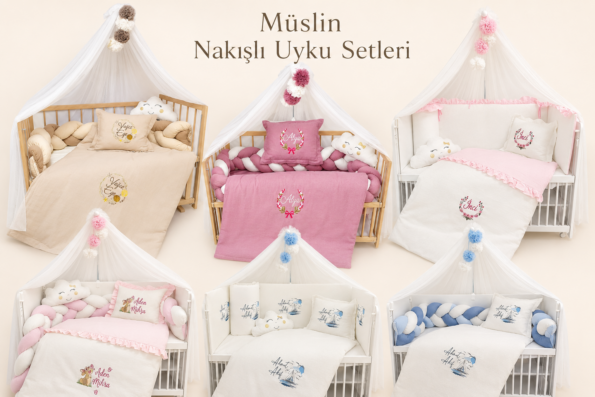 isim nakışlı müslin bebek uyku setleri