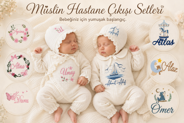 isim nakış işlemeli müslin hastane çıkışı setleri