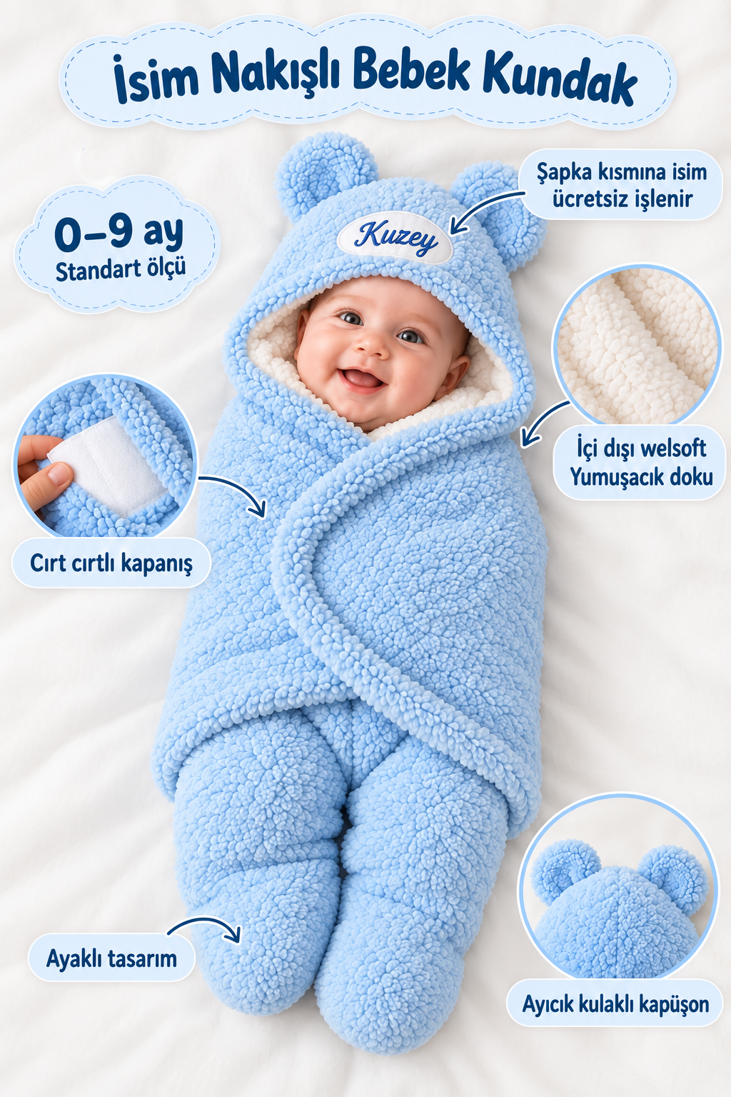 isimli-bebek-uyku-tulumu-mavi isimli bebek kundağı, ayı kundak, bebek uyku tulumu, isimli sarma battaniye, kapüşonlu kundak,
