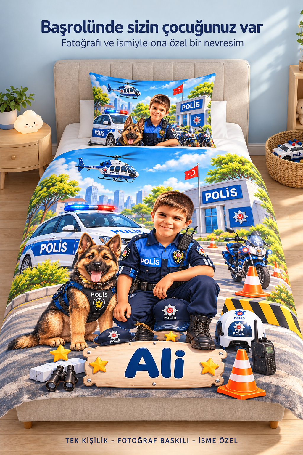 kahraman-polis-baskılı-tek-kişilik-nevresim-takımı-NVF012 tek kişilik fotoğraf baskılı çocuk nevresim takımı, 5 parça tek kişilik çocuk uyku seti, isimli nevresim seti