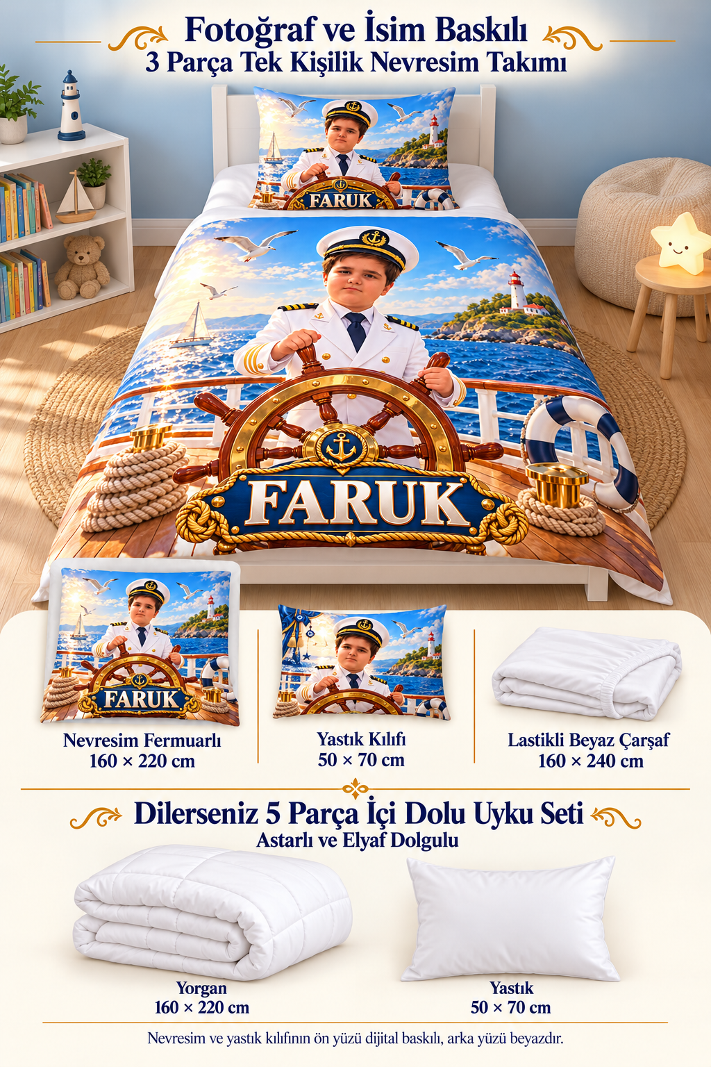 kişiye özel-denizci-çocuk-yatak-seti-NVF026 çocuk nevresim takımı, tek kişilik çocuk uyku seti, isimli nevresim seti, tek kişilik nevresim takımı, çocuk fotoğraf baskılı nevresim